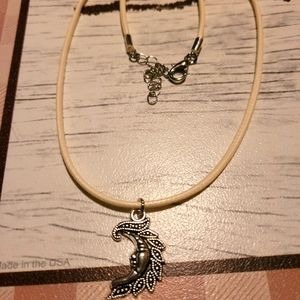 Silver half moon white cord necklace
